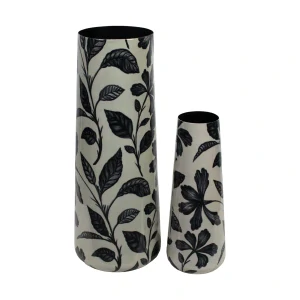 Váza s potiskem černých listů, kov, 23,5x23,5x60 cm S/2