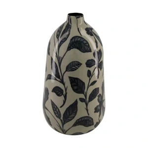 Lahvová váza s potiskem černých listů, kov, 22,5x22,5x38 cm