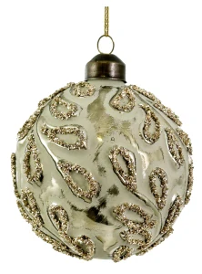 A - Vánoční ozdoba, Skleněná koule, podložka, zelená, stříbrná, třpytivá, listy, 8 cm
