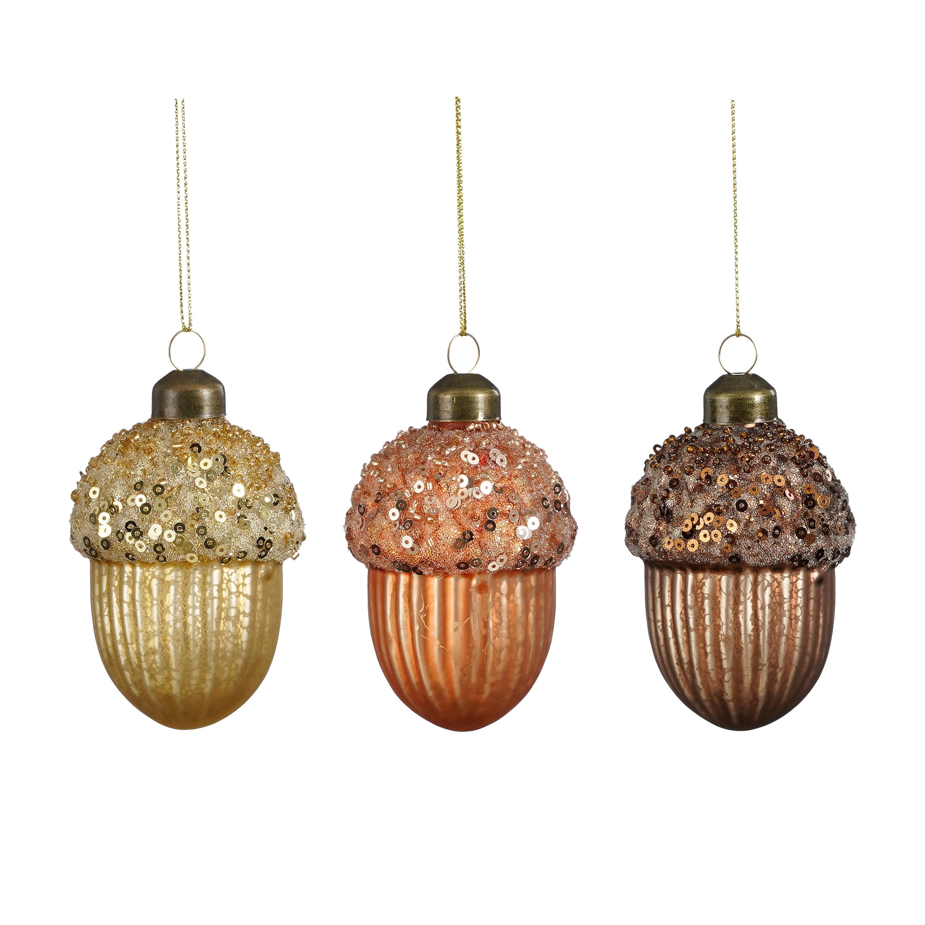 Ornament žalud sklenice hnědá šampaňsko oranžová 3 různé druhy - v8 x p5,5cm