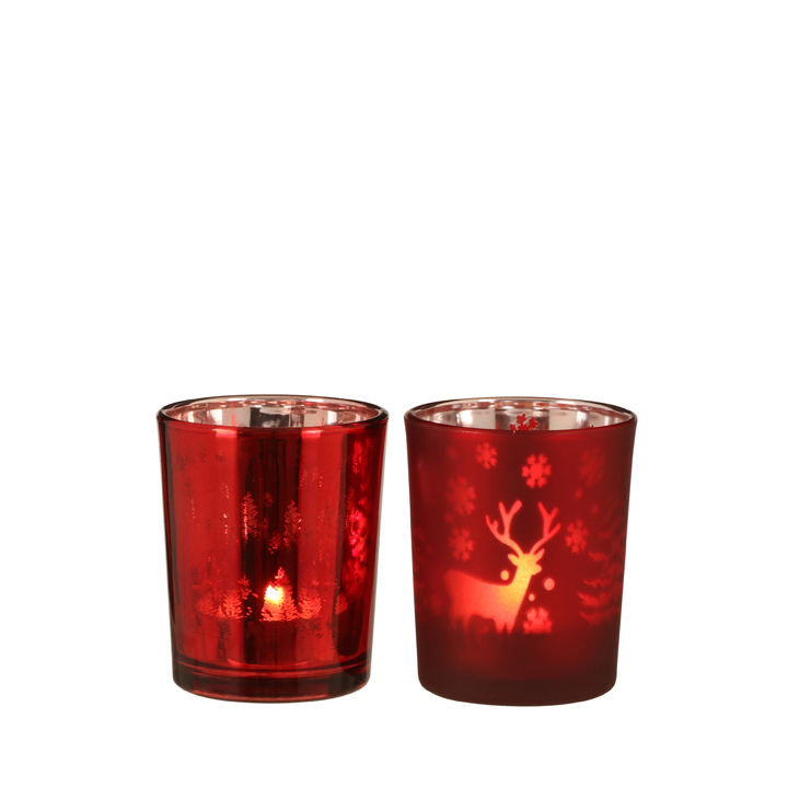 tealight holder deer tree red 2 assorted 7x5,5cm