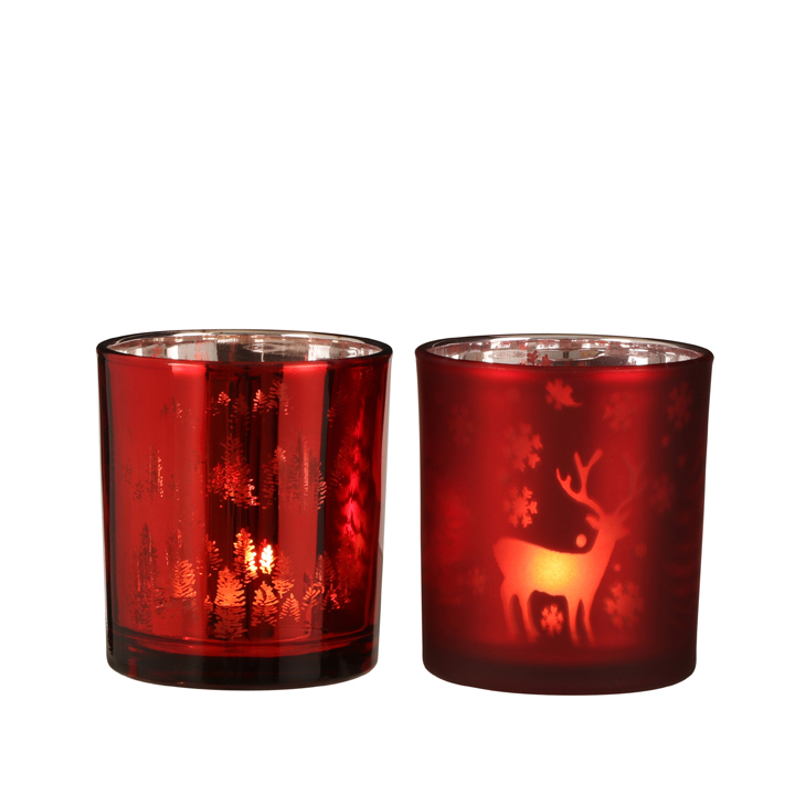 Tealigt holder deer tree red 2 asorted 9x8cm