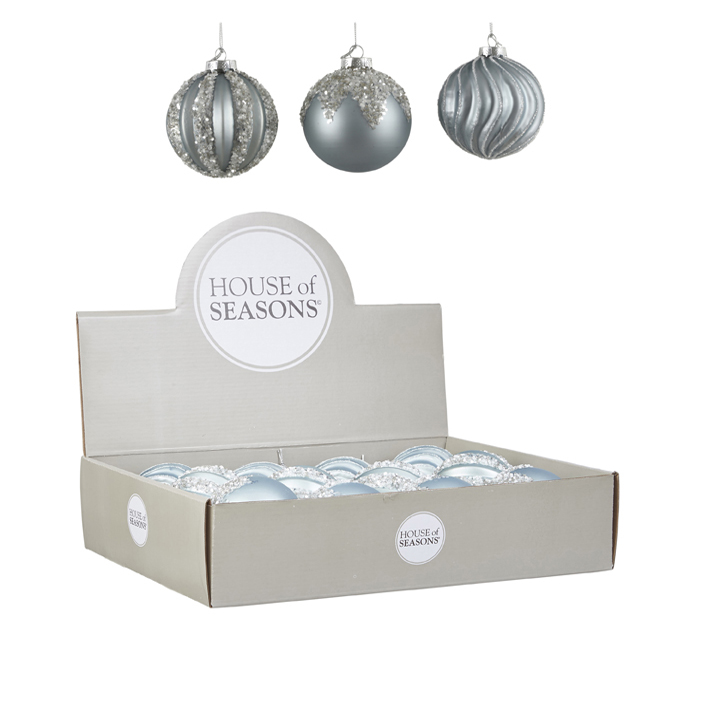 Bauble glass blue 3 assorted display 8cm