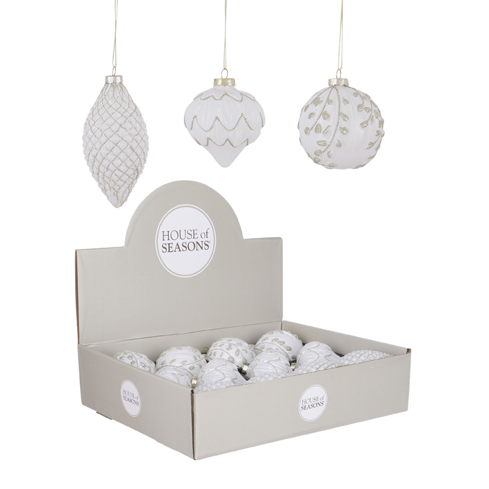 Bauble glass white 3 assorted display 8cm