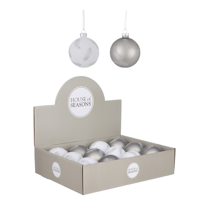 Bauble glass grey white 2 assorted display 8cm